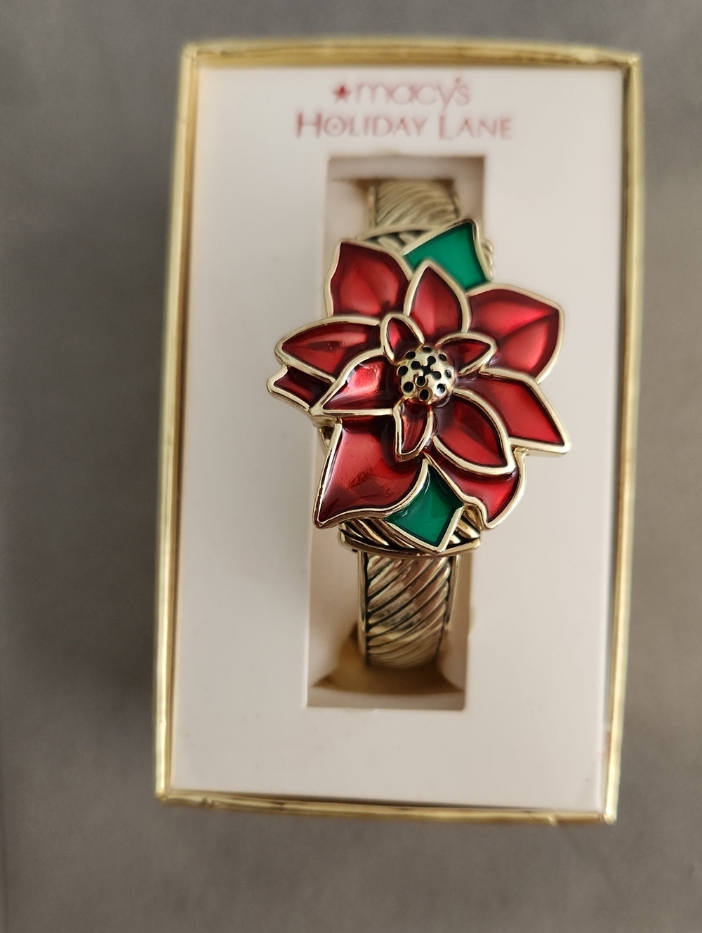 Macy's Holiday Lane Gold-Tone Poinsettia Bracelet Watch W/ Red and Green Enamel